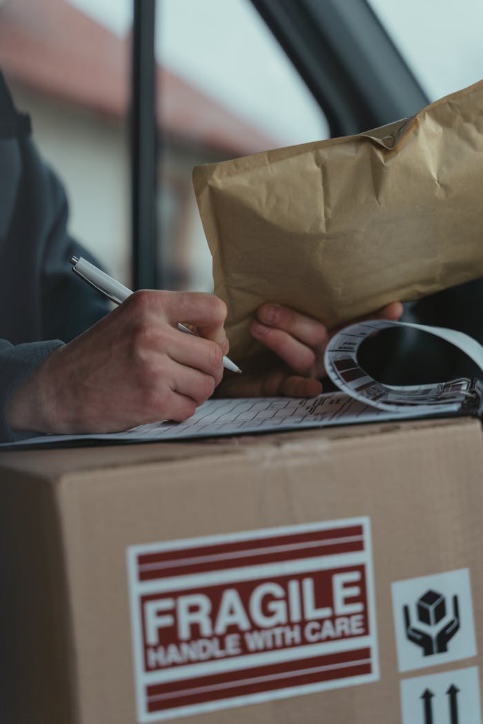 Person writing on Top of a Box